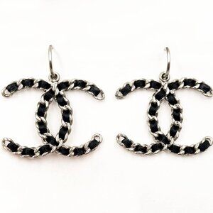 Chanel Silver CC Chain Black Ribbon XL Hoop Earrings